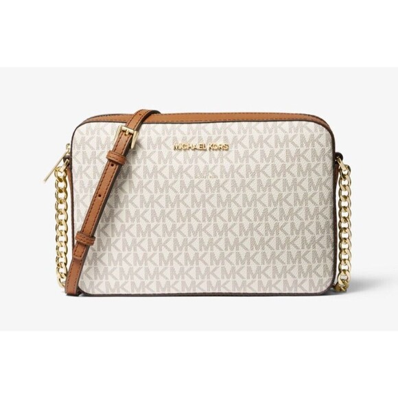 New Michael Kors Jet Set Large Printed Logo Crossbody Bag Vanilla - Picture 1 of 3